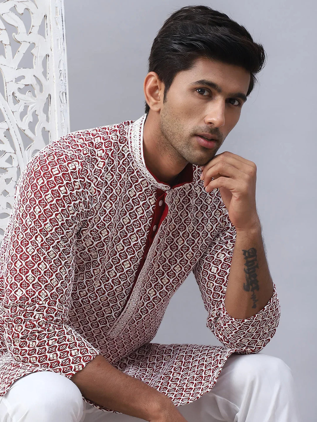 Men's Maroon Chikankari Embroidered and Sequence Kurtas-KO-5094Maroon