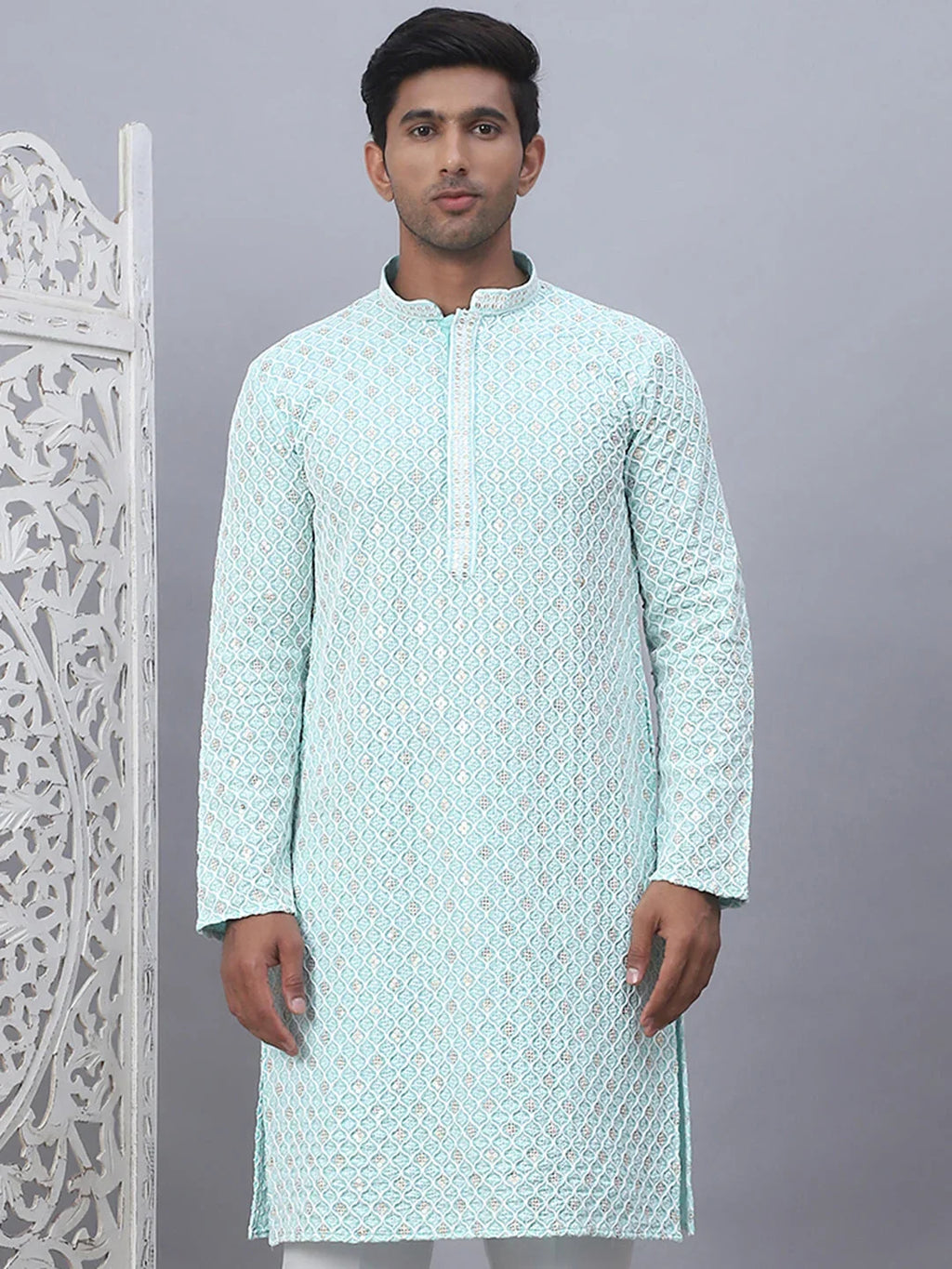 Men's Sky Blue Chikankari Embroidered and Sequence Kurtas-KO-5094Sky