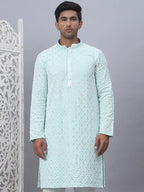 Men's Sky Blue Chikankari Embroidered and Sequence Kurtas-KO-5094Sky