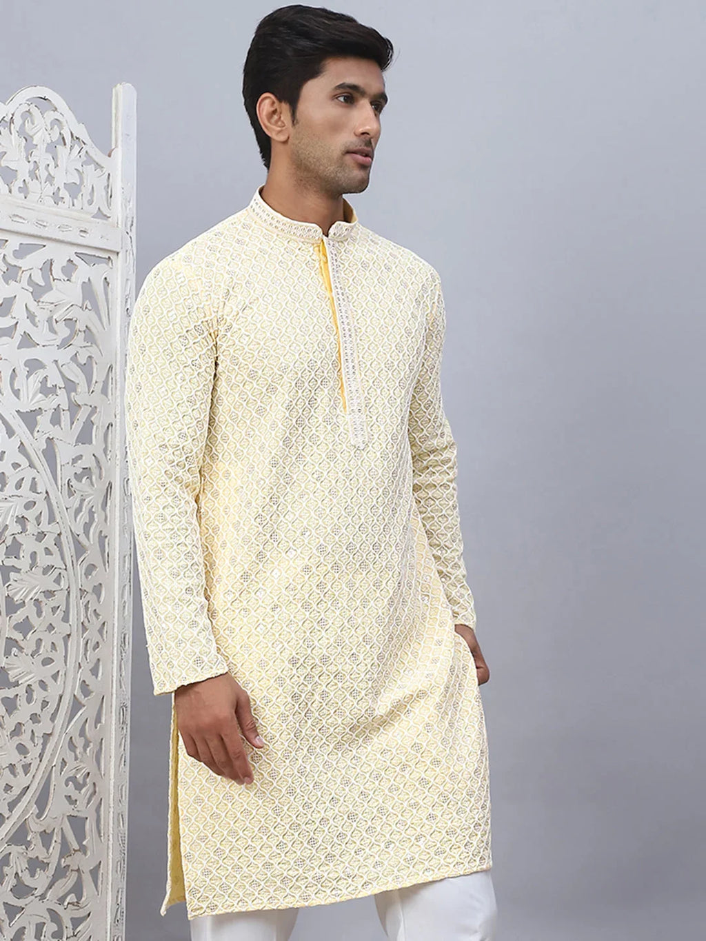 Men's Yellow Chikankari Embroidered and Sequence Kurtas-KO-5094Yellow