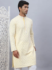 Men's Yellow Chikankari Embroidered and Sequence Kurtas-KO-5094Yellow