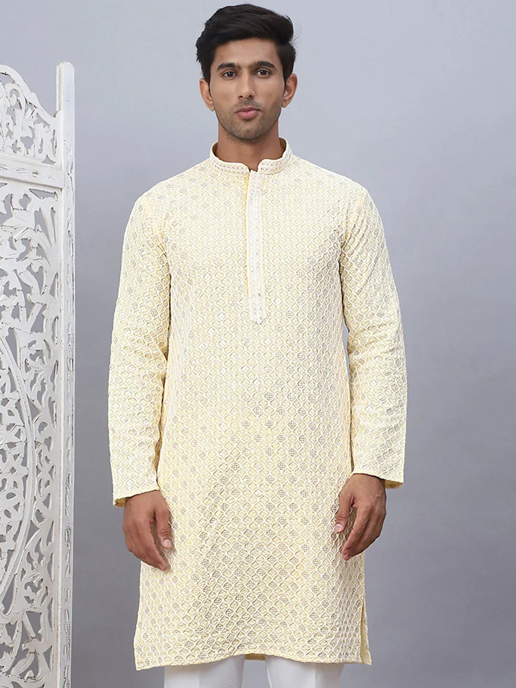 Men's Yellow Chikankari Embroidered and Sequence Kurtas-KO-5094Yellow
