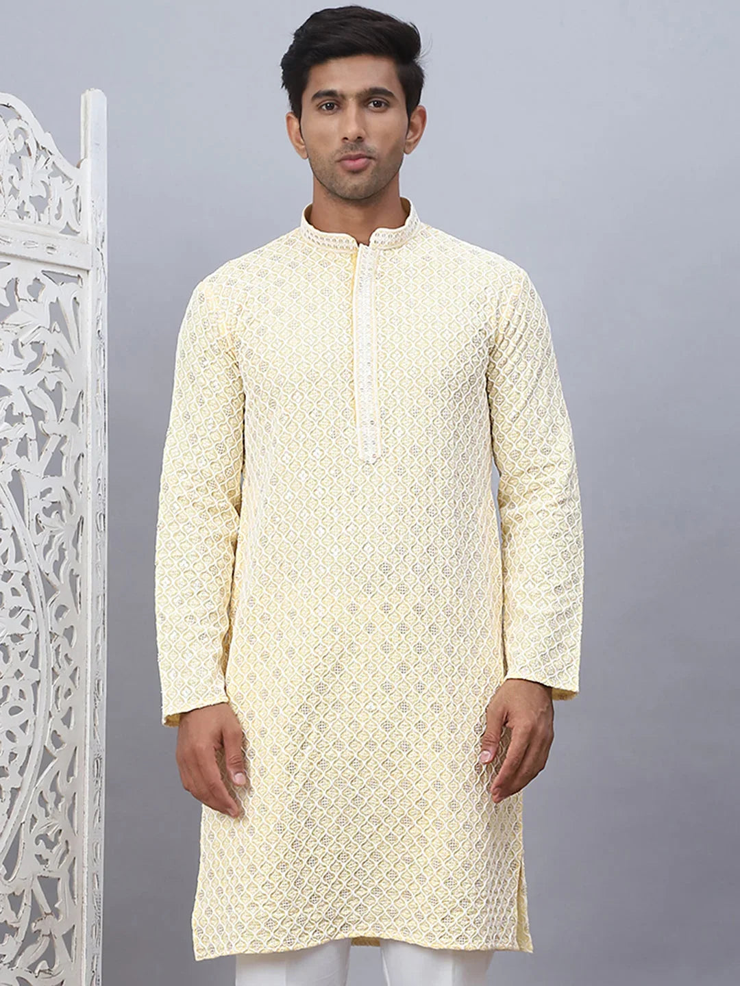 Men's Yellow Chikankari Embroidered and Sequence Kurtas-KO-5094Yellow
