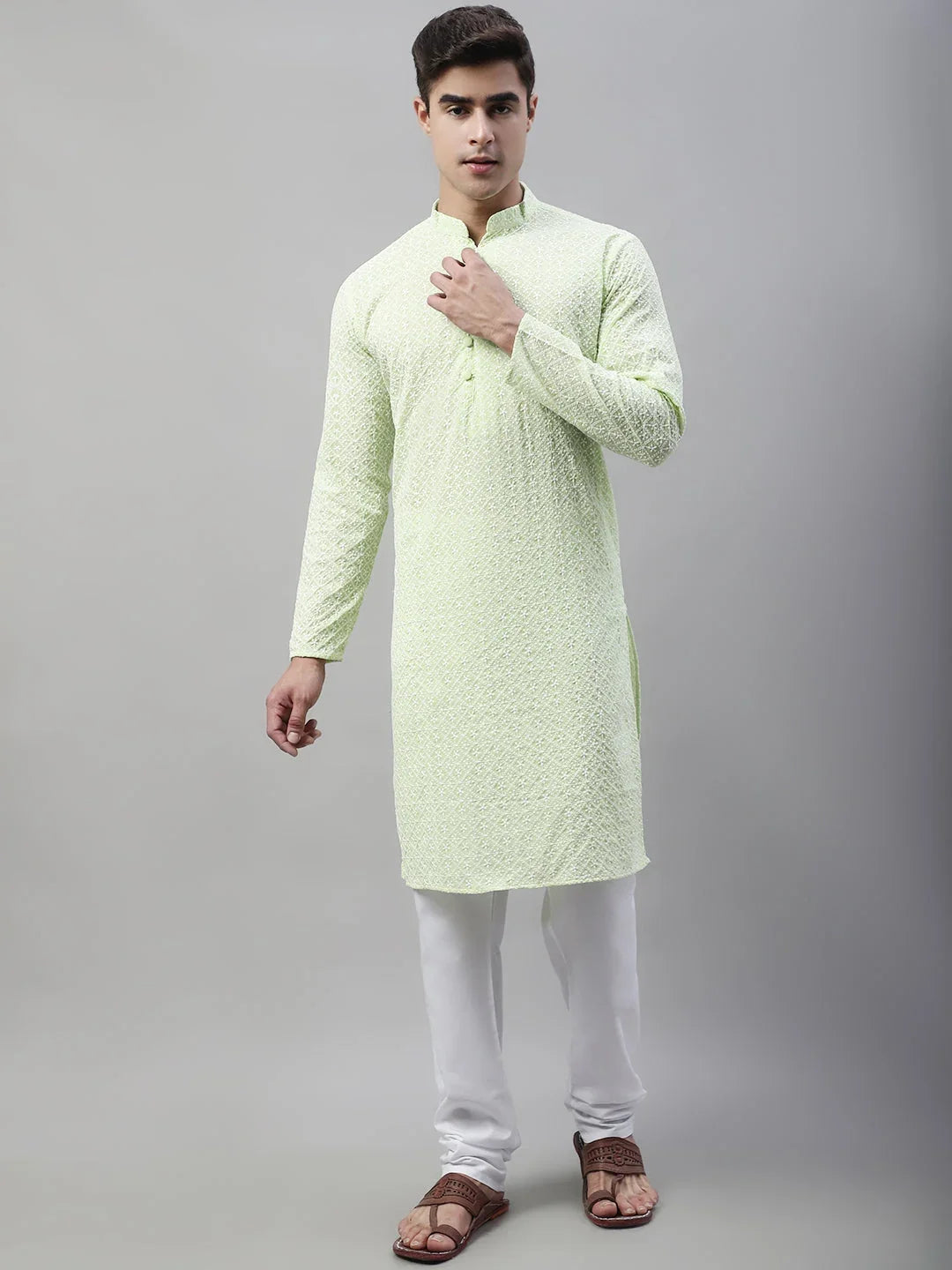 Men's Green Embroidered Kurta Only