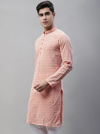 Men's Orange Embroidered Kurta Only