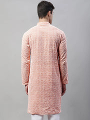 Men's Orange Embroidered Kurta Only
