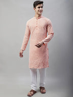 Men's Orange Embroidered Kurta Only