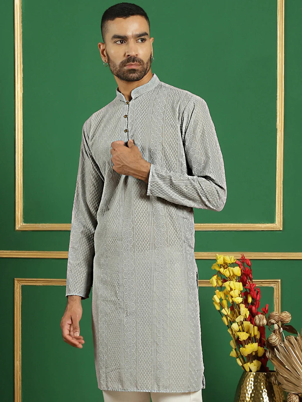 Chikankari Cotton Kurtas-KO-640Grey