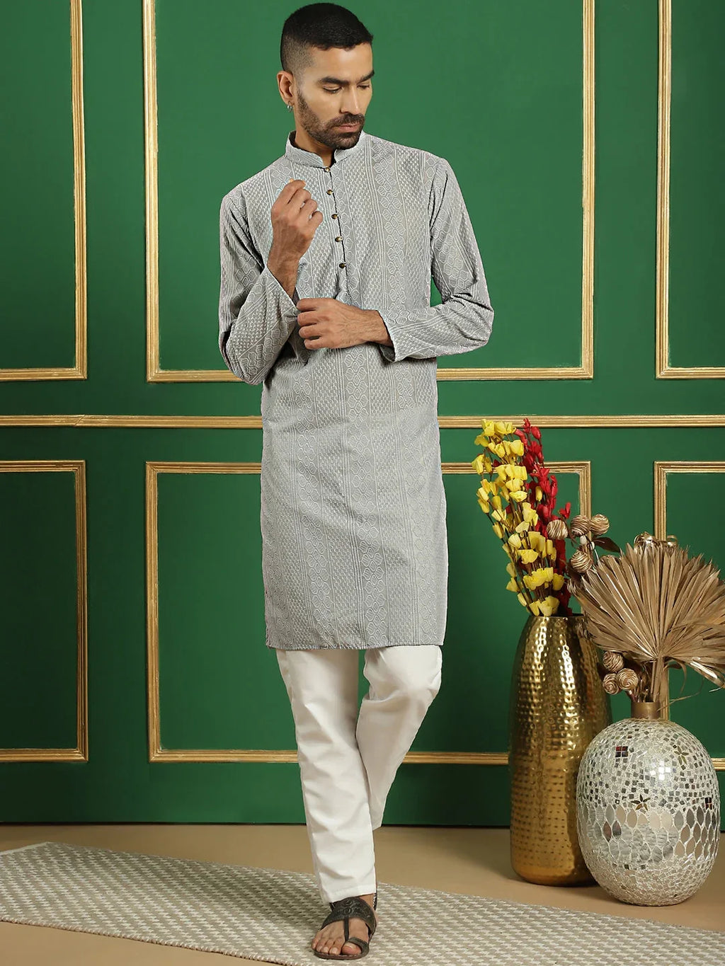 Chikankari Cotton Kurtas-KO-640Grey