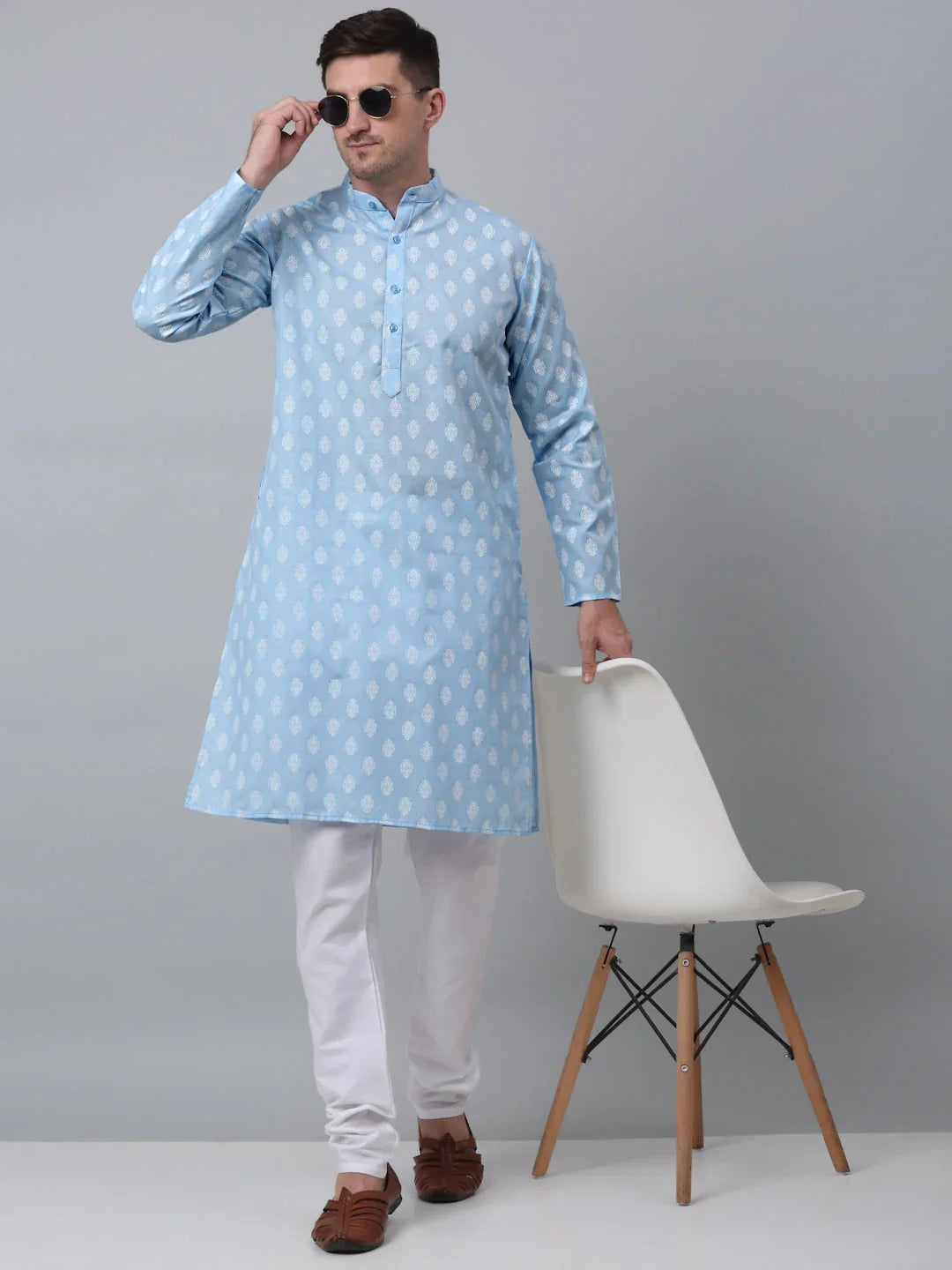 Men's Sky Cotton Floral printed kurta Only