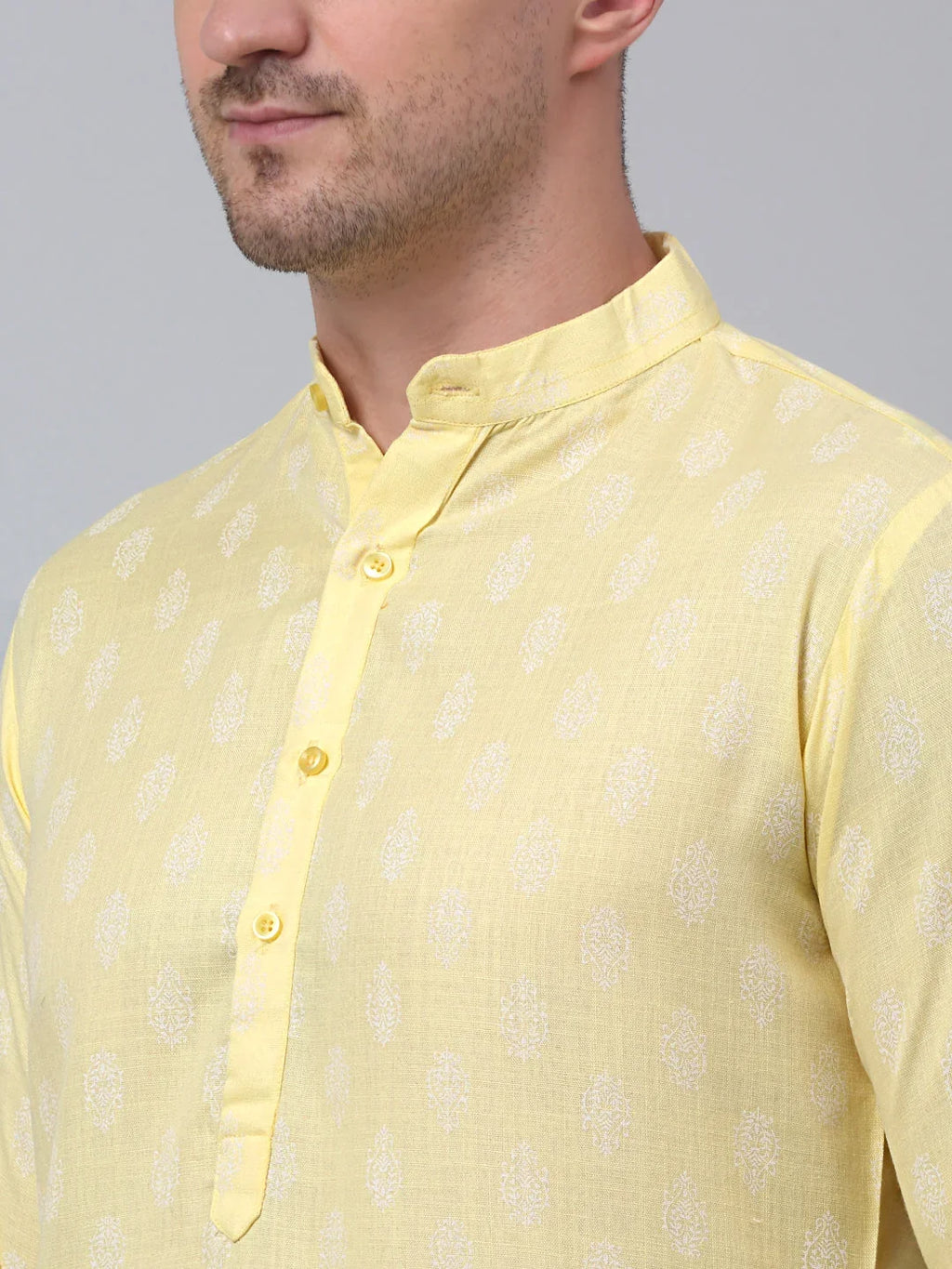 Men's Yellow Cotton Floral printed kurta Only