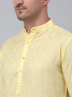 Men's Yellow Cotton Floral printed kurta Only