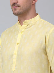 Men's Yellow Cotton Floral printed kurta Only