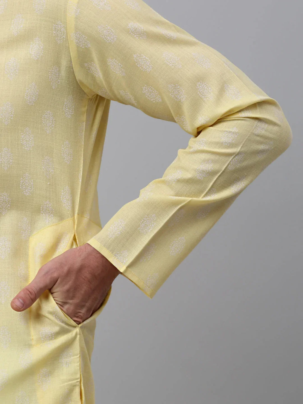 Men's Yellow Cotton Floral printed kurta Only