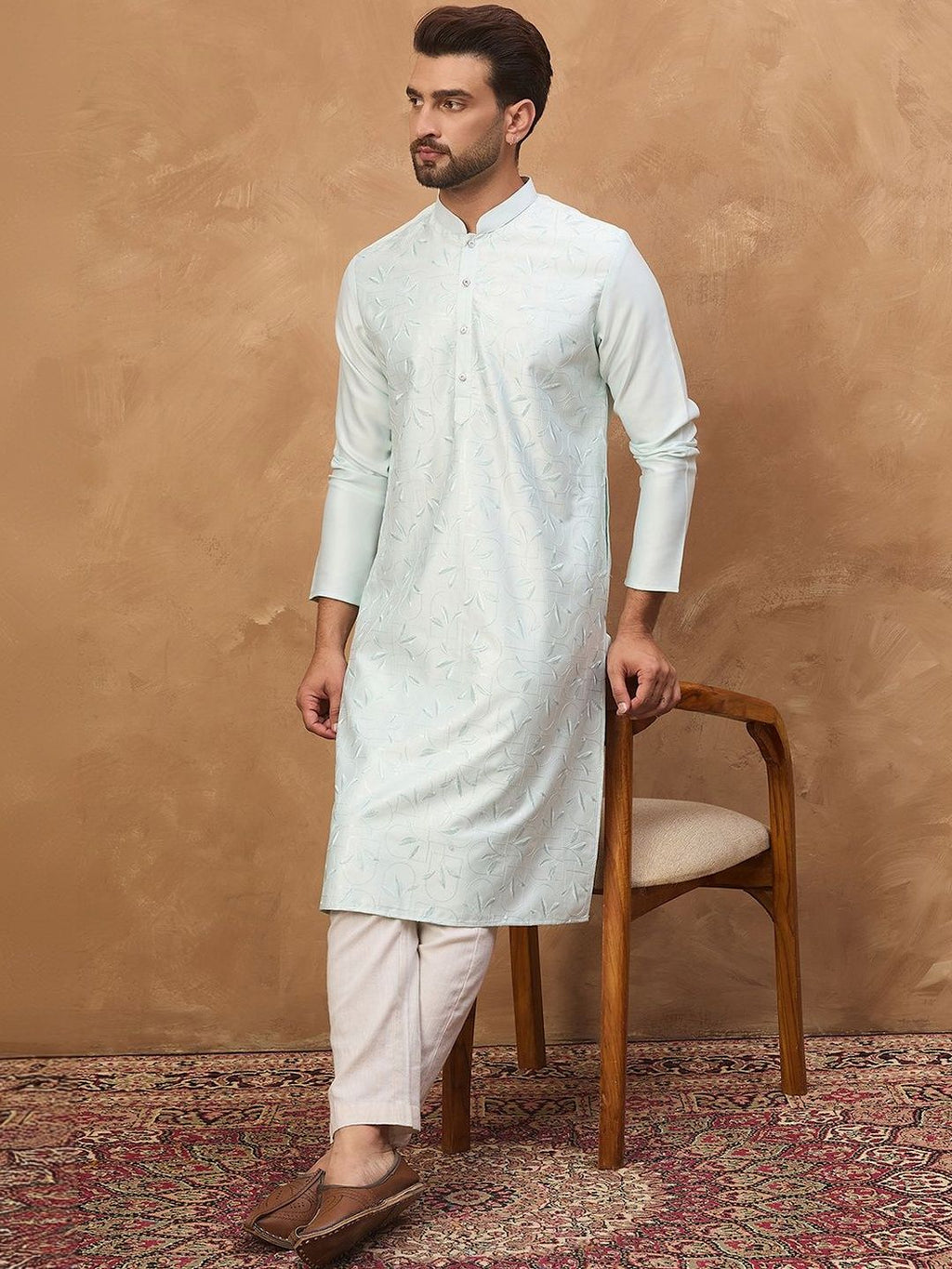 Men Blue Silk Blend Solid Embroidered Straight Kurta With Pant Set-MKSET1446