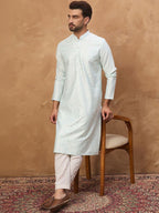 Men Blue Silk Blend Solid Embroidered Straight Kurta With Pant Set-MKSET1446