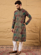 Mens Multi Viscose Rayon Geometric Embroidered Chikankari Straight Kurta With Pant Set-MKSET1180