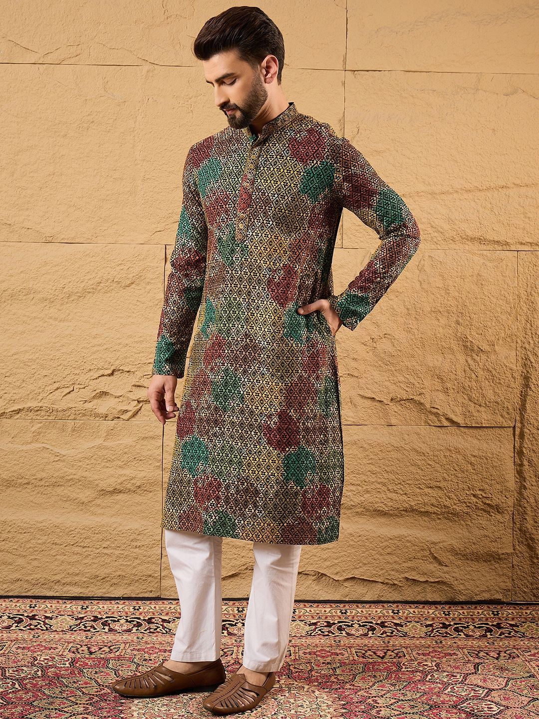 Mens Multi Viscose Rayon Geometric Embroidered Chikankari Straight Kurta With Pant Set-MKSET1180