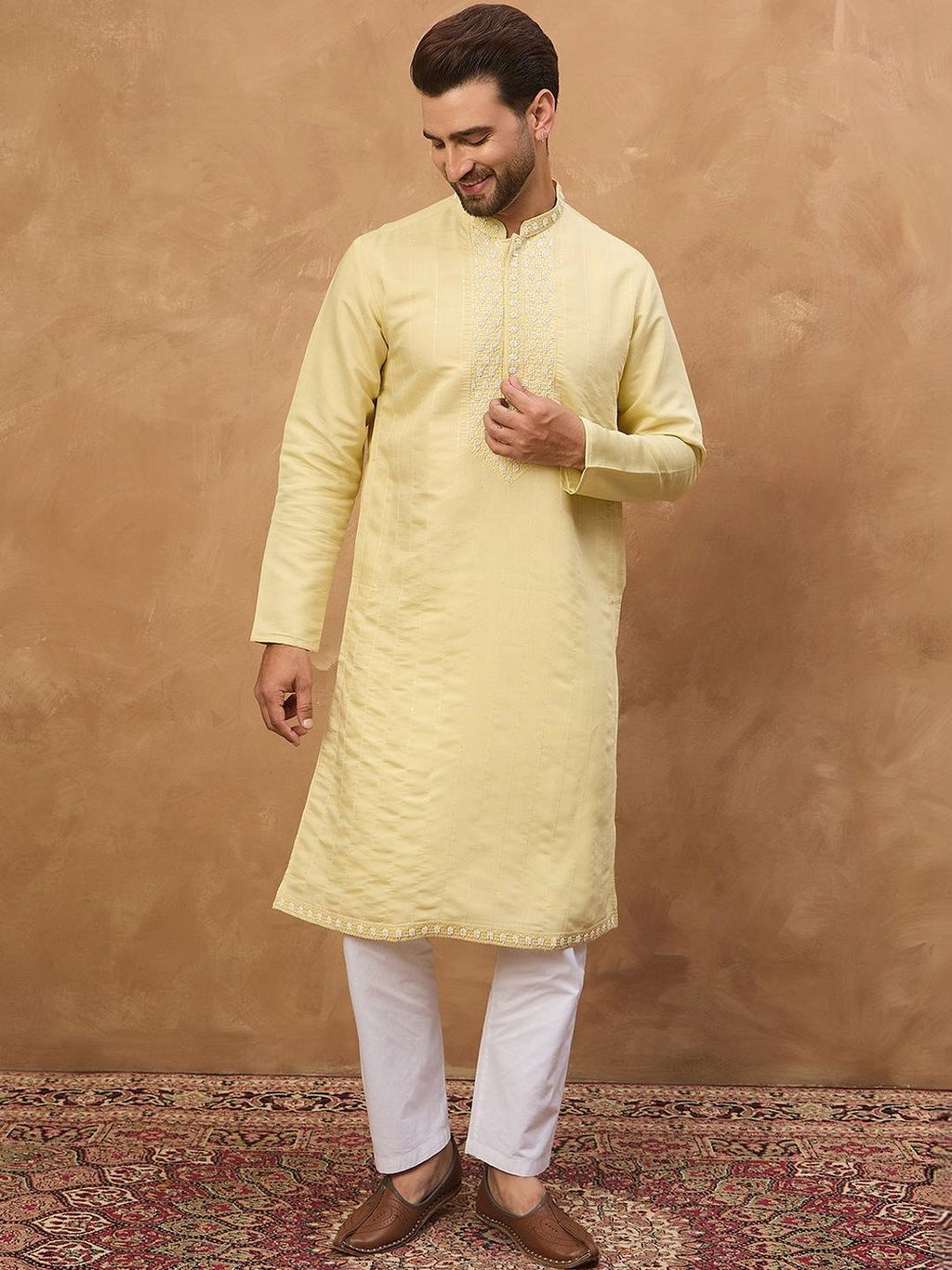 Men Yellow Silk Blend Solid Embroidered Straight Kurta With Pant Set-MKSET1507