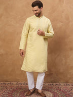 Men Yellow Silk Blend Solid Embroidered Straight Kurta With Pant Set-MKSET1507