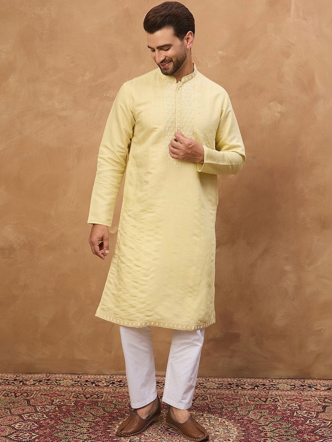 Men Yellow Silk Blend Solid Embroidered Straight Kurta With Pant Set-MKSET1507