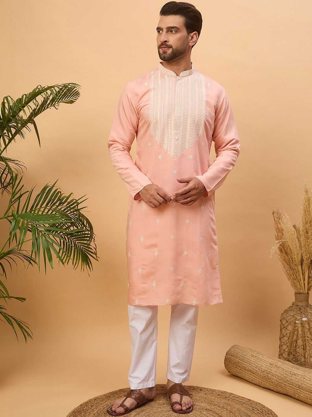 Men Peach Silk Blend Solid Embroidered Straight Kurta With Pant Set-MKSET1510