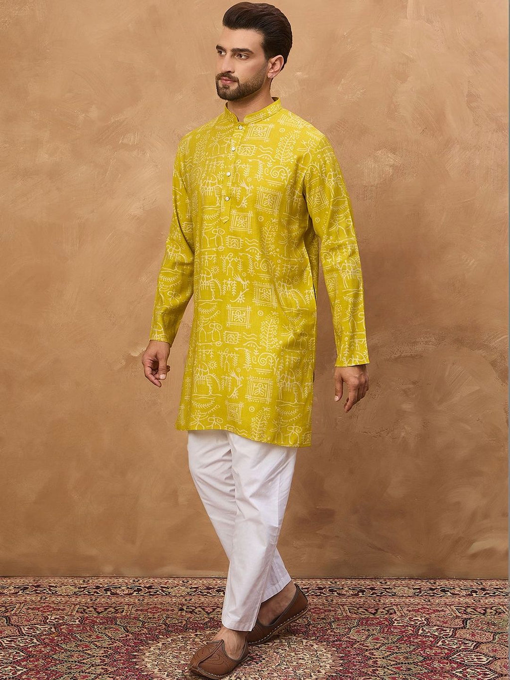 Men Yellow Viscose Rayon Ethnic Motifs Printed Straight Kurta With Pant Set-MKSET1542