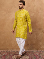 Men Yellow Viscose Rayon Ethnic Motifs Printed Straight Kurta With Pant Set-MKSET1542