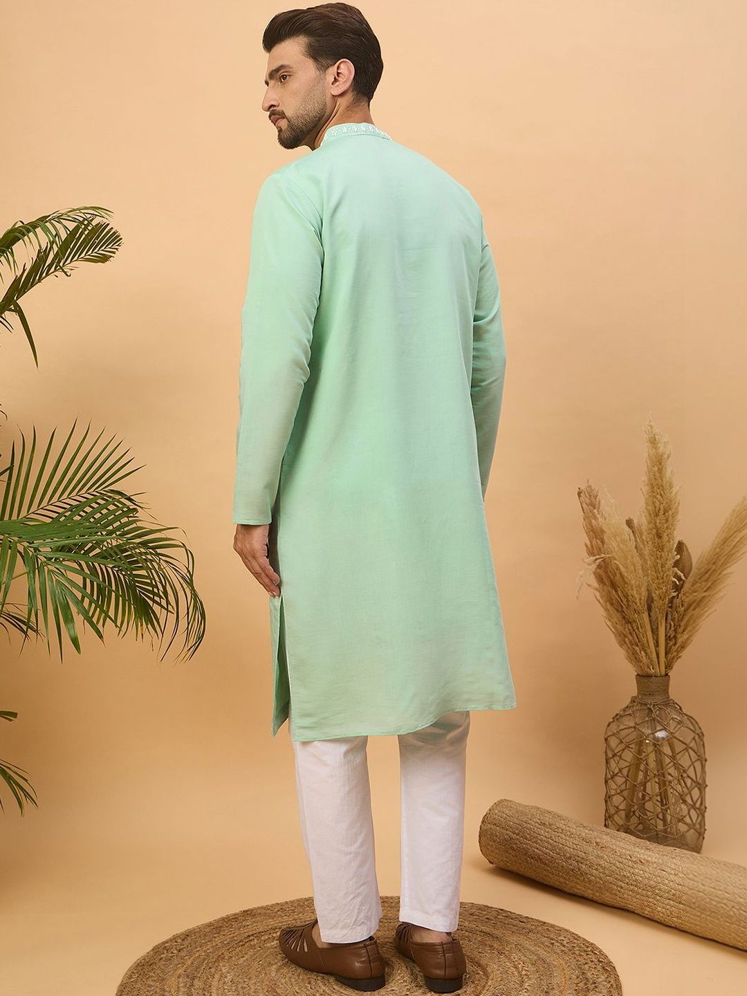 Men Blue Silk Blend Solid Embroidered Straight Kurta With Pant Set-MKSET1508