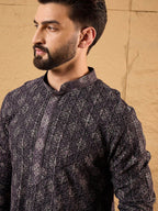 Mens Grey Viscose Rayon Ethnic Motifs Embroidered Chikankari Straight Kurta With Pant Set-MKSET1165