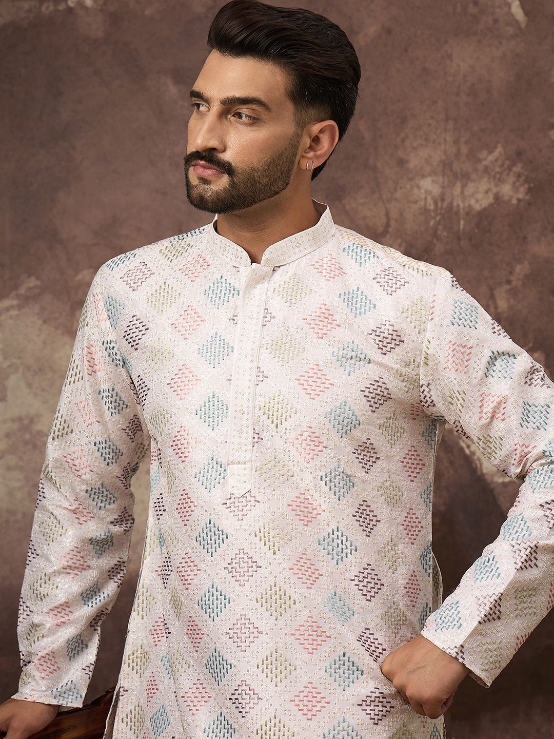 Men White Silk Blend Solid Embroidered Straight Kurta With Pant Set-MKSET1382