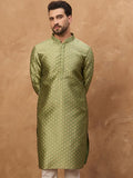 Men Green Silk Blend Solid Woven Design Straight Kurta With Pant Set-MKSET1456