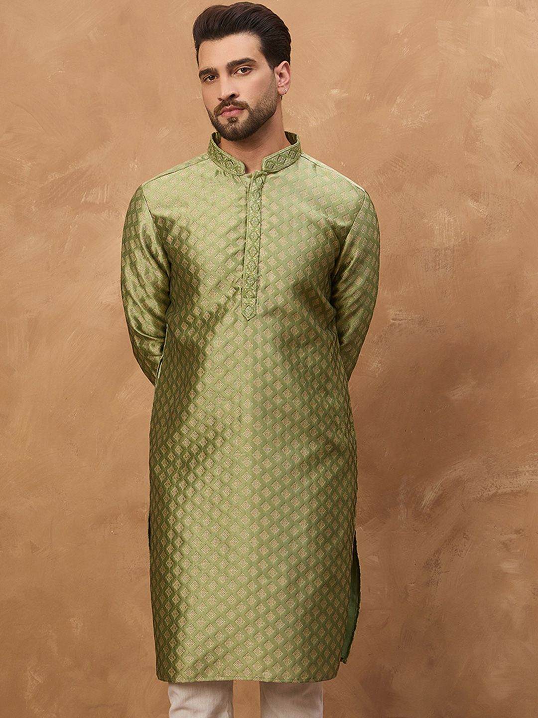 Men Green Silk Blend Solid Woven Design Straight Kurta With Pant Set-MKSET1456