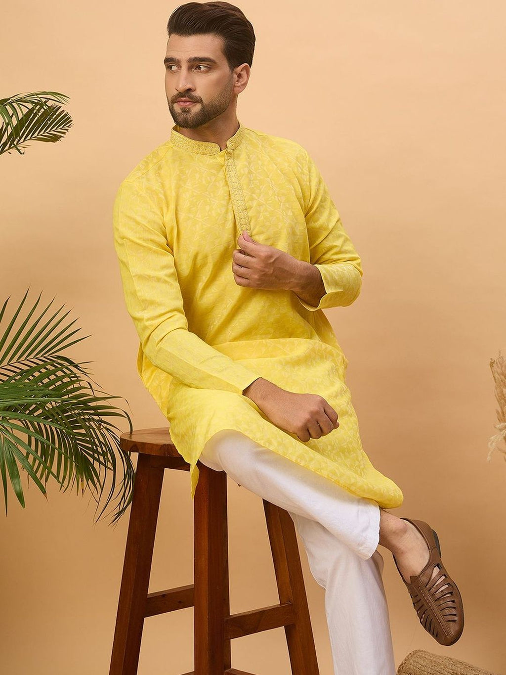 Men Yellow Silk Blend Solid Embroidered Straight Kurta With Pant Set-MKSET1455