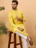 Men Yellow Silk Blend Solid Embroidered Straight Kurta With Pant Set-MKSET1455