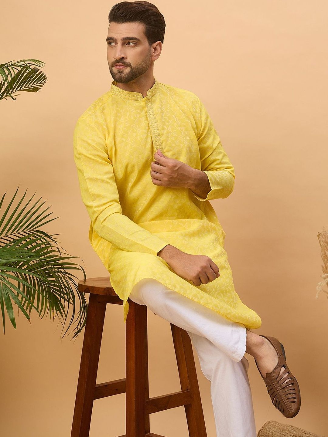 Men Yellow Silk Blend Solid Embroidered Straight Kurta With Pant Set-MKSET1455