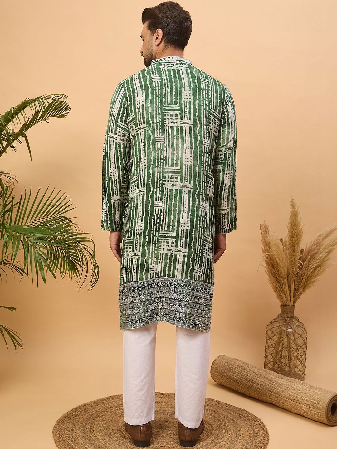Men Green Viscose Rayon Batik Embroidered Straight Kurta With Pant Set-MKSET1500