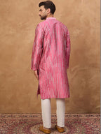 Men Pink Silk Blend Geometric Printed Straight Kurta With Pant Set-MKSET1533