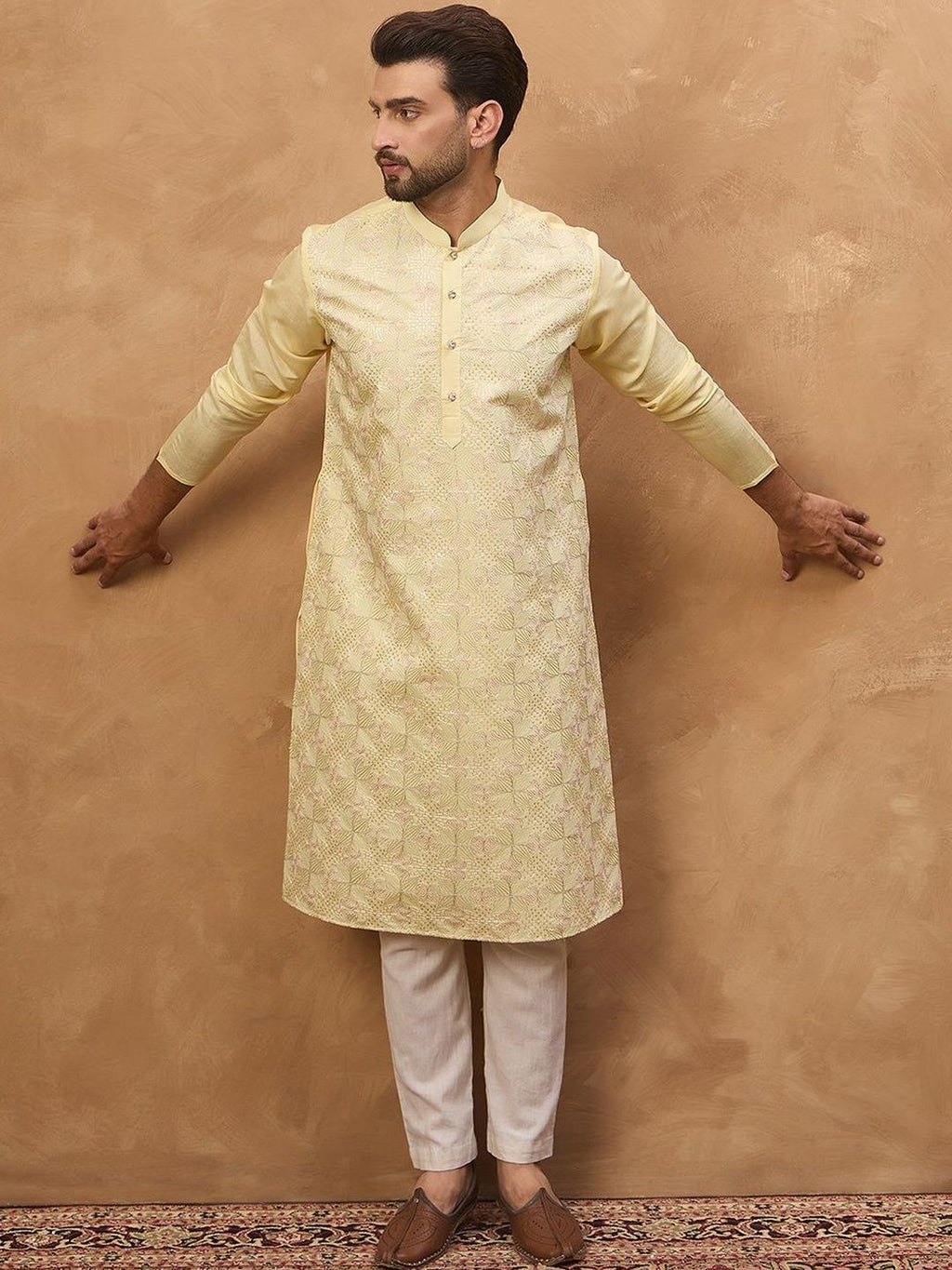 Men Yellow Silk Blend Solid Embroidered Straight Kurta With Pant Set-MKSET1467