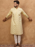 Men Yellow Silk Blend Solid Embroidered Straight Kurta With Pant Set-MKSET1467