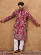 Men Red Viscose Rayon Batik Embroidered Straight Kurta With Pant Set-MKSET1499