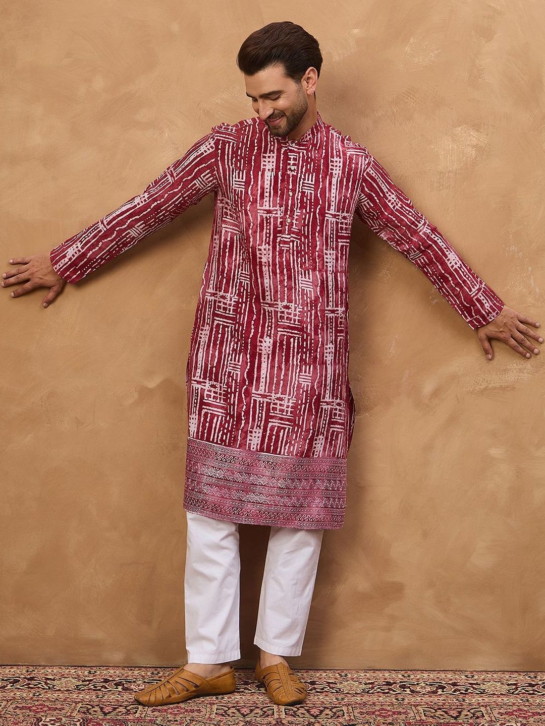 Men Red Viscose Rayon Batik Embroidered Straight Kurta With Pant Set-MKSET1499