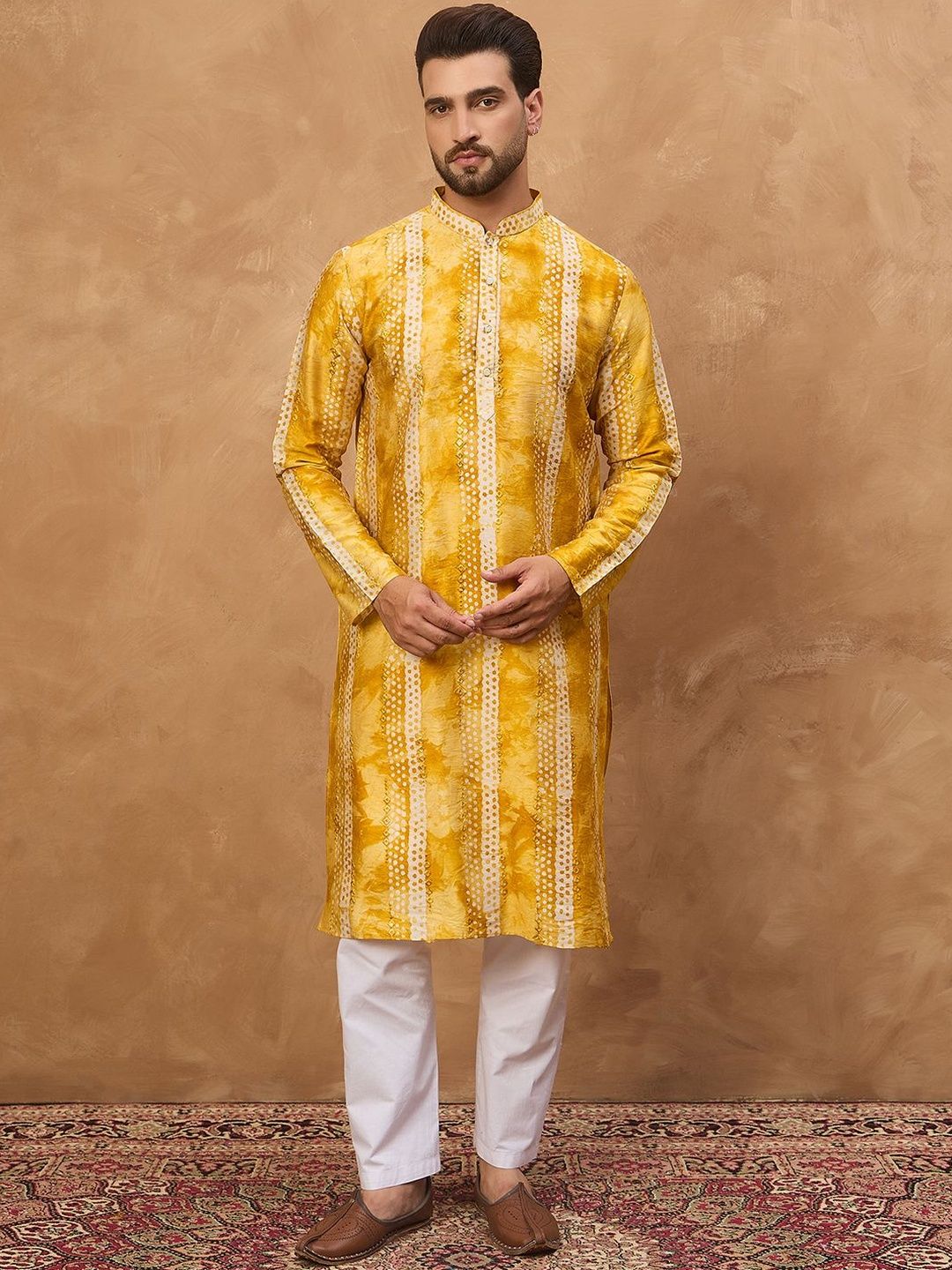 Men Yellow Silk Blend Shibori Embroidered Straight Kurta With Pant Set-MKSET1540