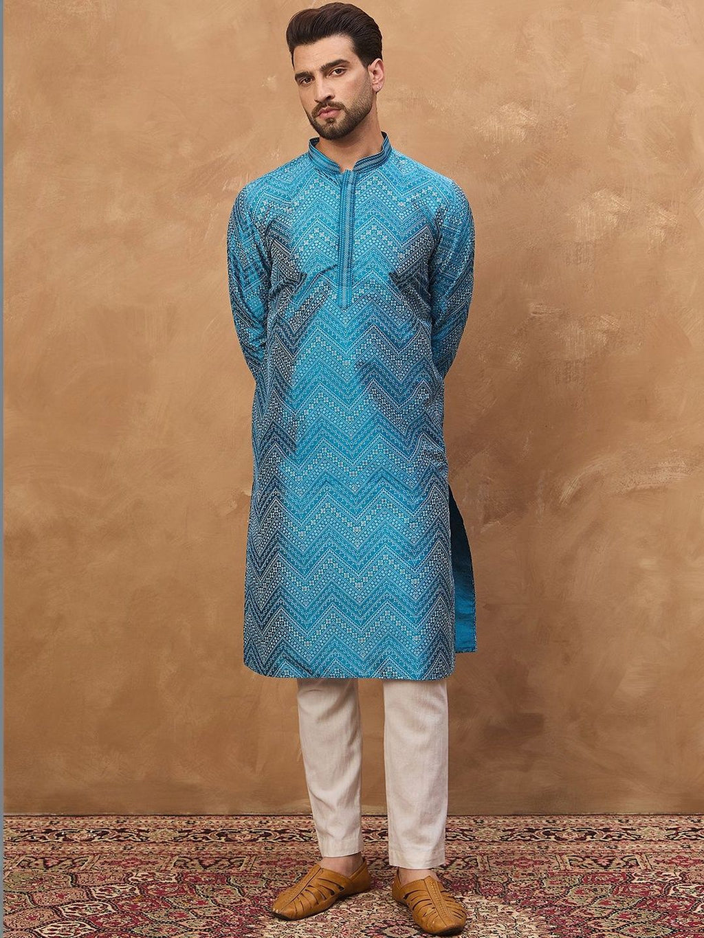 Men Blue Silk Blend Geometric Printed Straight Kurta With Pant Set-MKSET1531