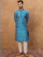 Men Blue Silk Blend Geometric Printed Straight Kurta With Pant Set-MKSET1531