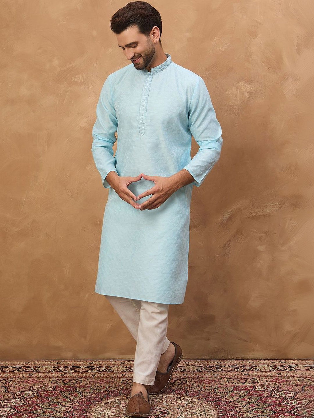 Men Blue Silk Blend Solid Embroidered Straight Kurta With Pant Set-MKSET1452
