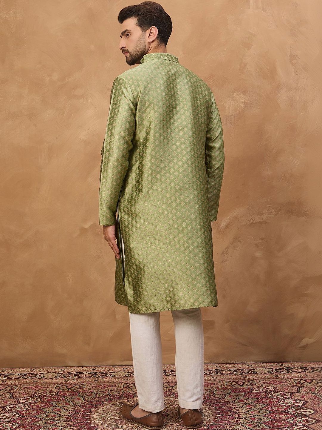 Men Green Silk Blend Solid Woven Design Straight Kurta With Pant Set-MKSET1456