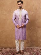 Men Purple Silk Blend Solid Embroidered Straight Kurta With Pant Set-MKSET1487