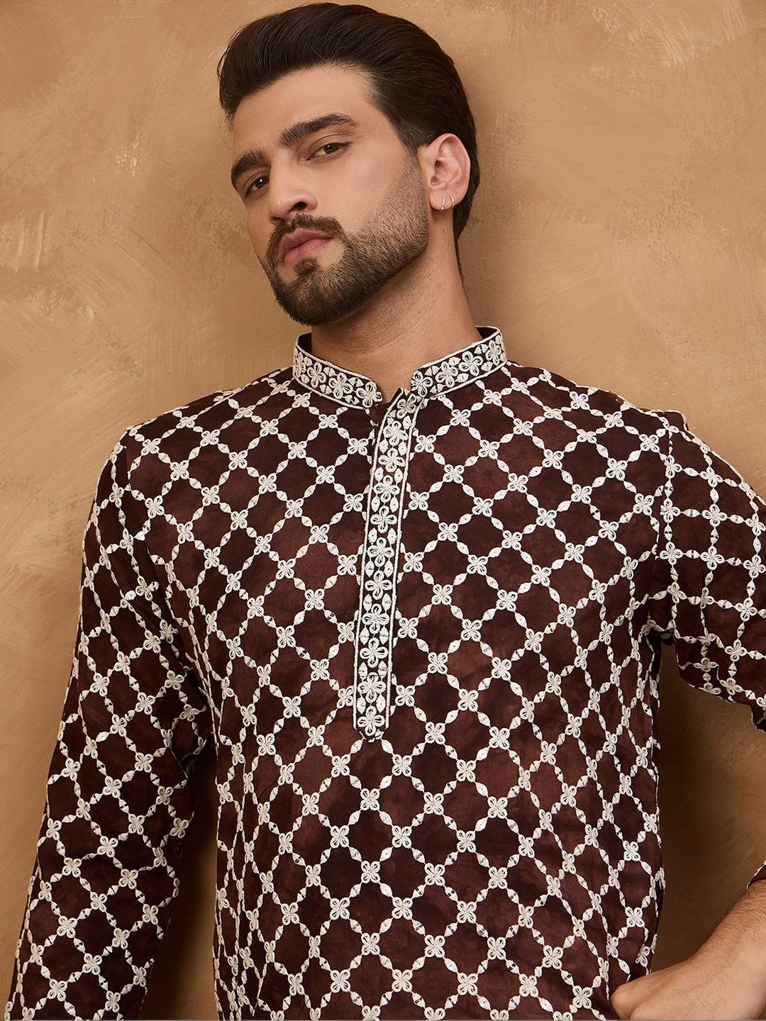 Men Brown Viscose Rayon Solid Embroidered Straight Kurta With Pant Set-MKSET1536