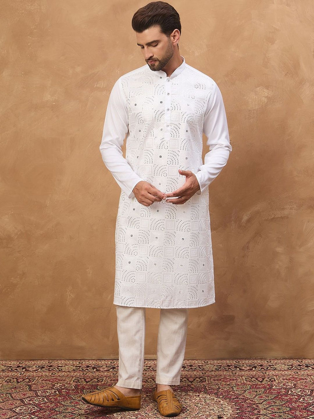 Men White Silk Blend Solid Embroidered Straight Kurta With Pant Set-MKSET1444